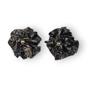 Vintage Ruffled Fabric Earrings Oversized 80s Pierced Black Brown Gold Glitter